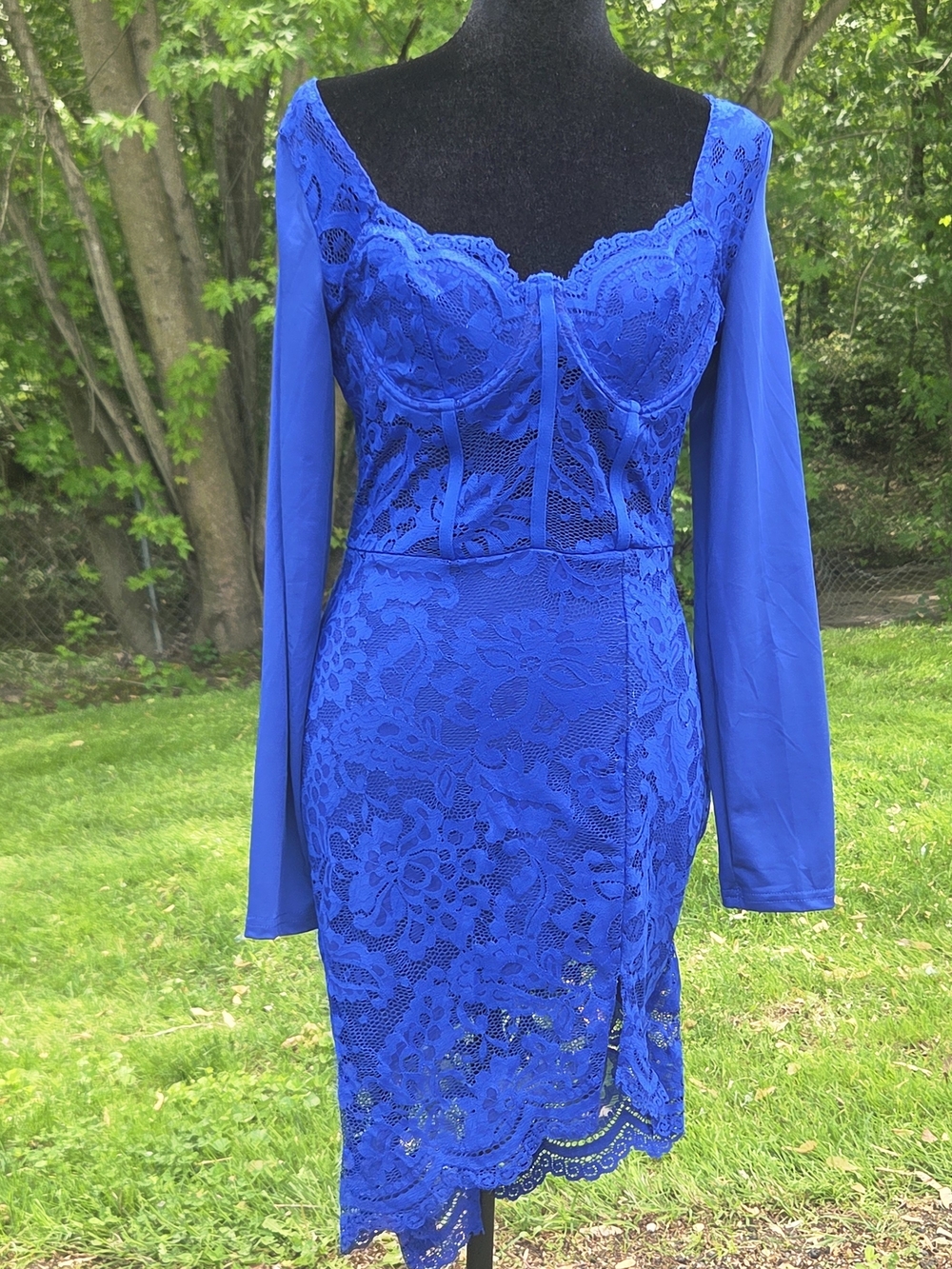 SHEIN Cobalt Blue Lace Long Sleeve Bodycon Dress